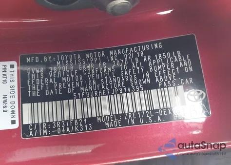 2018 Toyota Corolla Le z USA, uszkodzony, nr VIN 5YFBURHE7JP814395